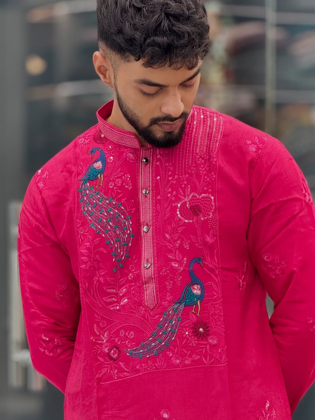 HOT PINK PEACOCK NECK EMBROIDERY KURTA PAJAMA SET