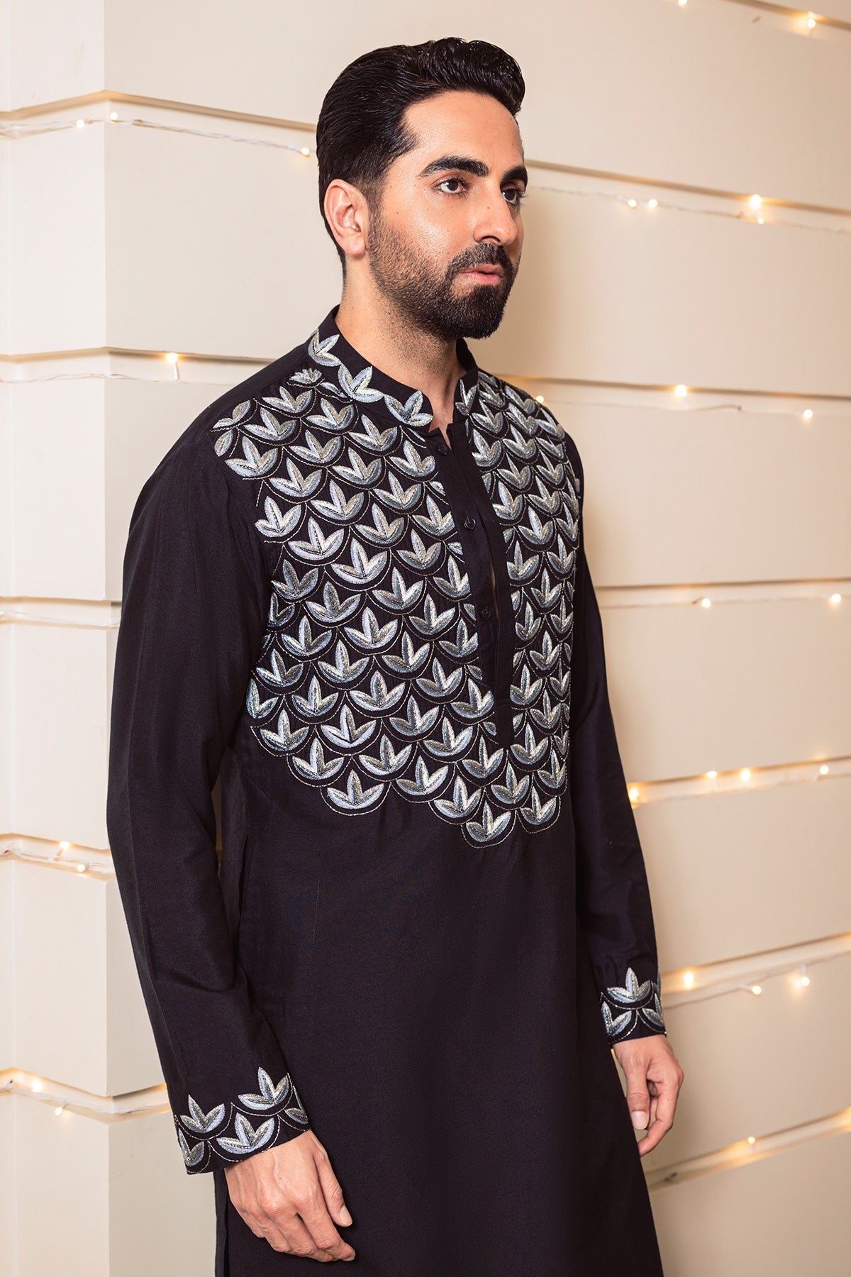 Black Leaf Embroidered Men's Kurta with Pajama