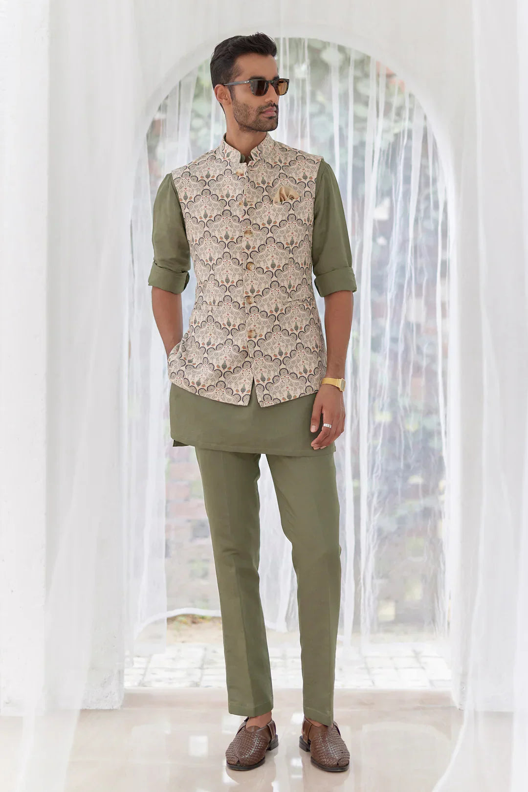 Riwaaz Kurta's Sage Green Palsley Printed Jacket And Kurta Set For Men's