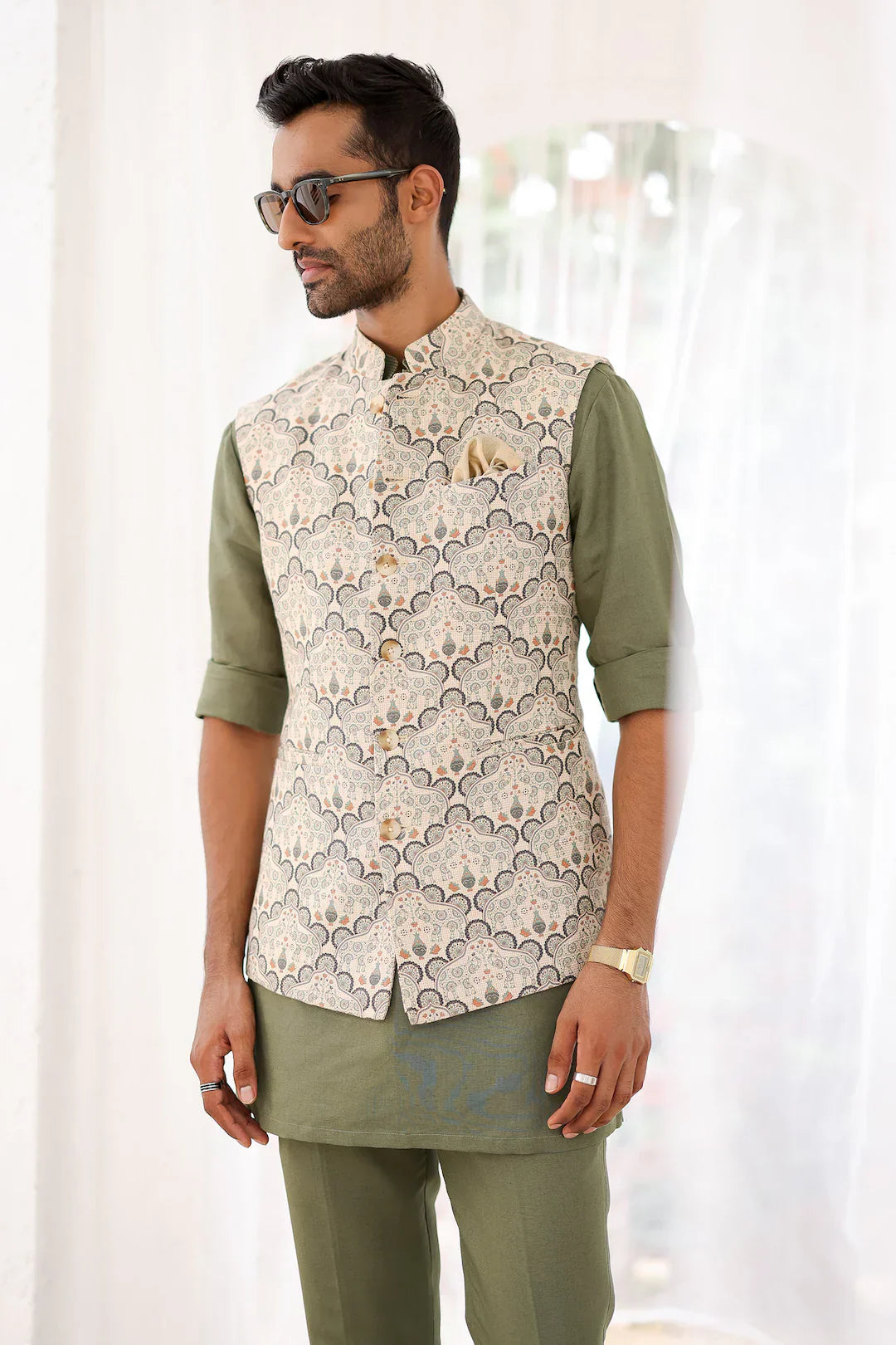 Riwaaz Kurta's Sage Green Palsley Printed Jacket And Kurta Set For Men's