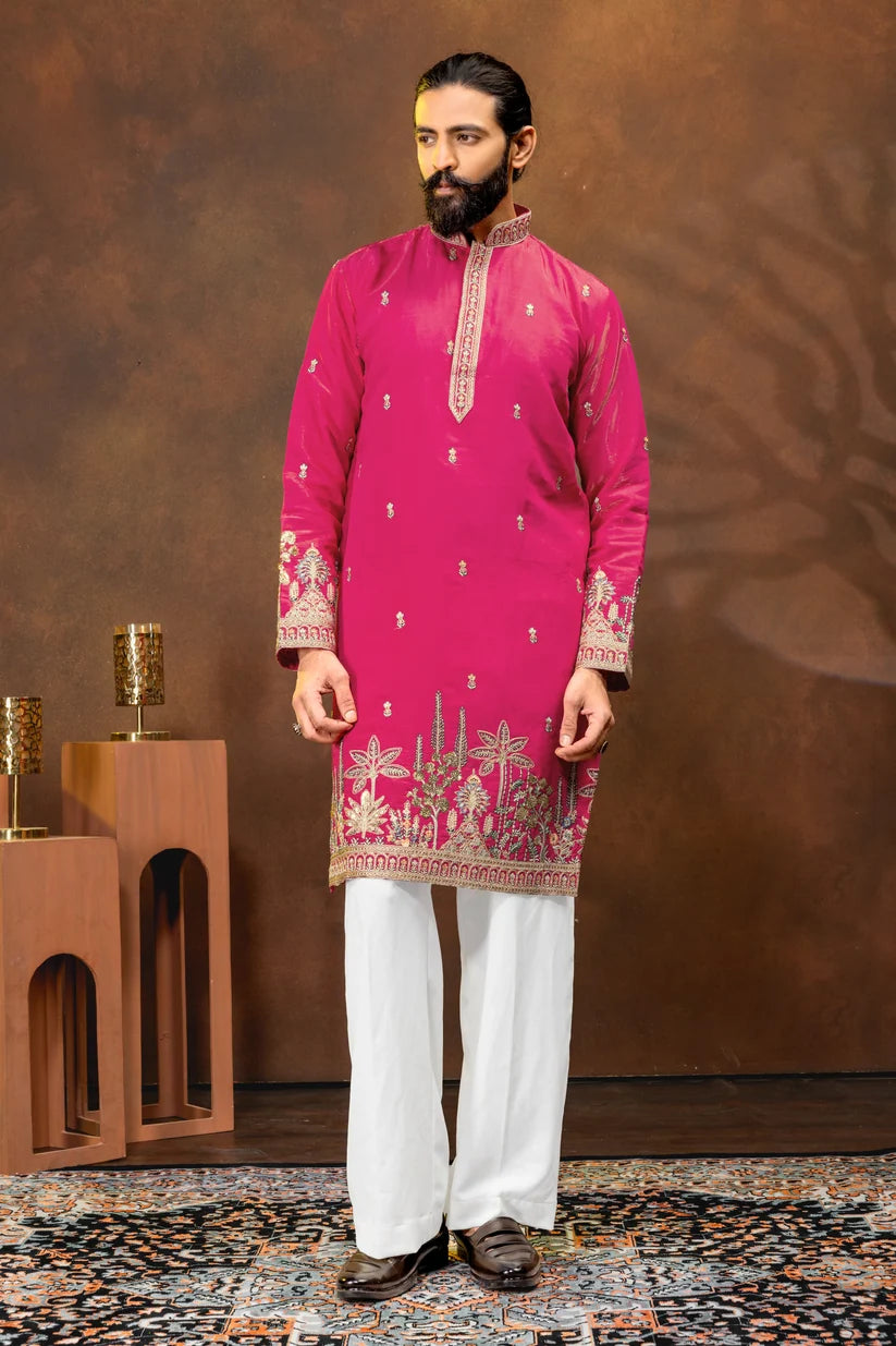 Fuchsia Pink Embroidered Men’s Kurta