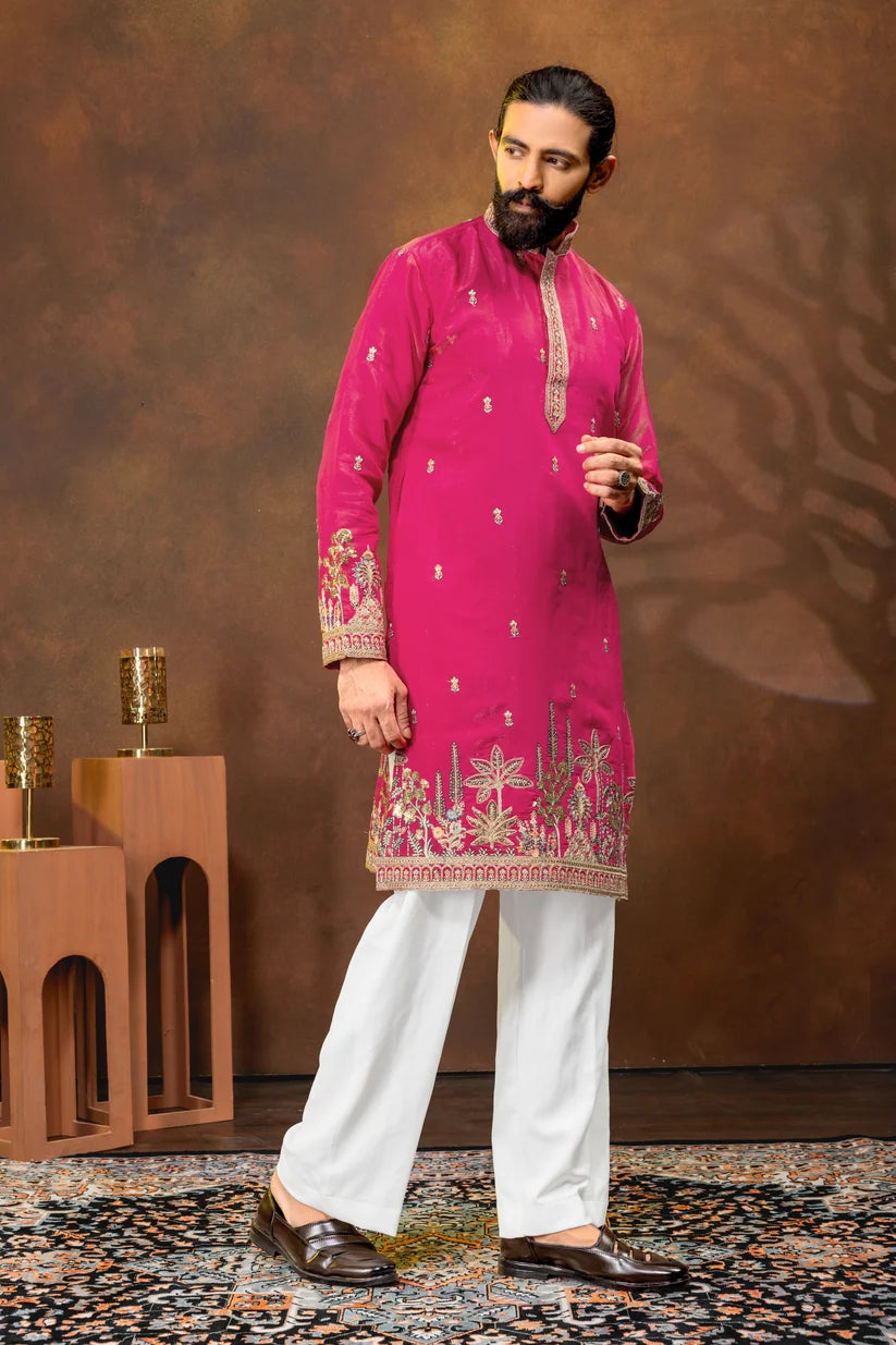 Fuchsia Pink Embroidered Men’s Kurta