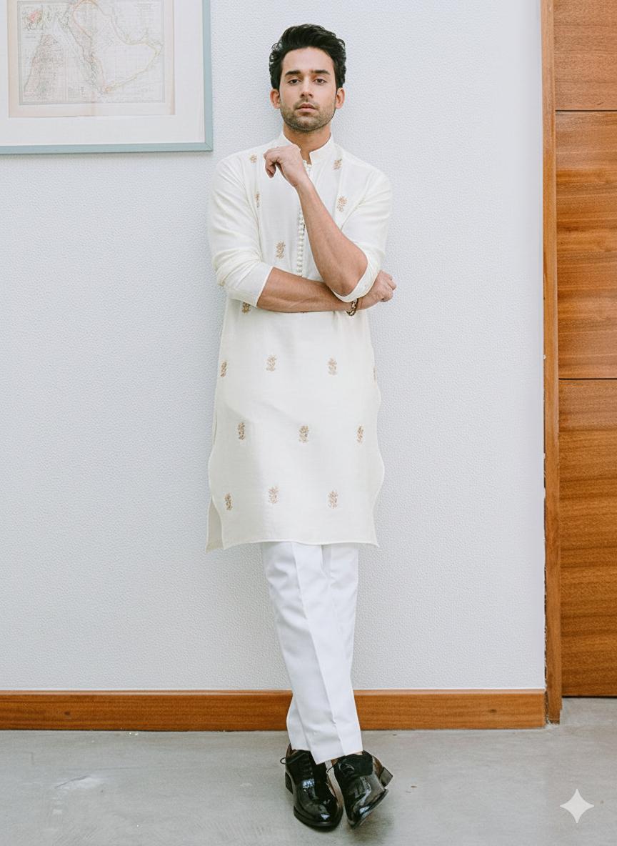 WHITE BUTI EMBROIDERED WORK KURTA PAJAMA SET FOR MEN"S