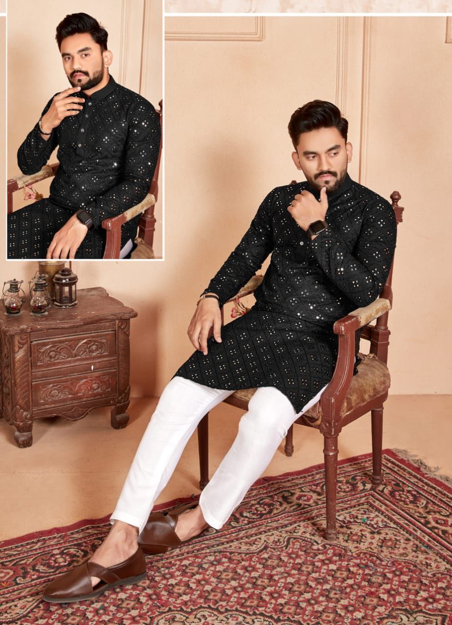 Black Mirror Embroidered Work Men's Kurta with Pajama