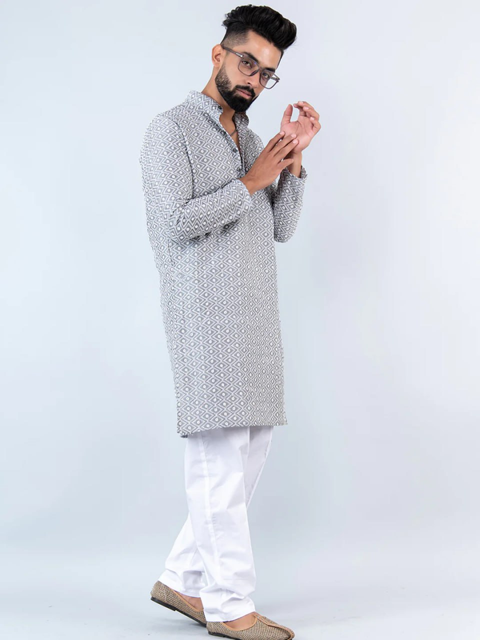 The Gray Schiffli Embroidered Work Men's Kurta with Pajama