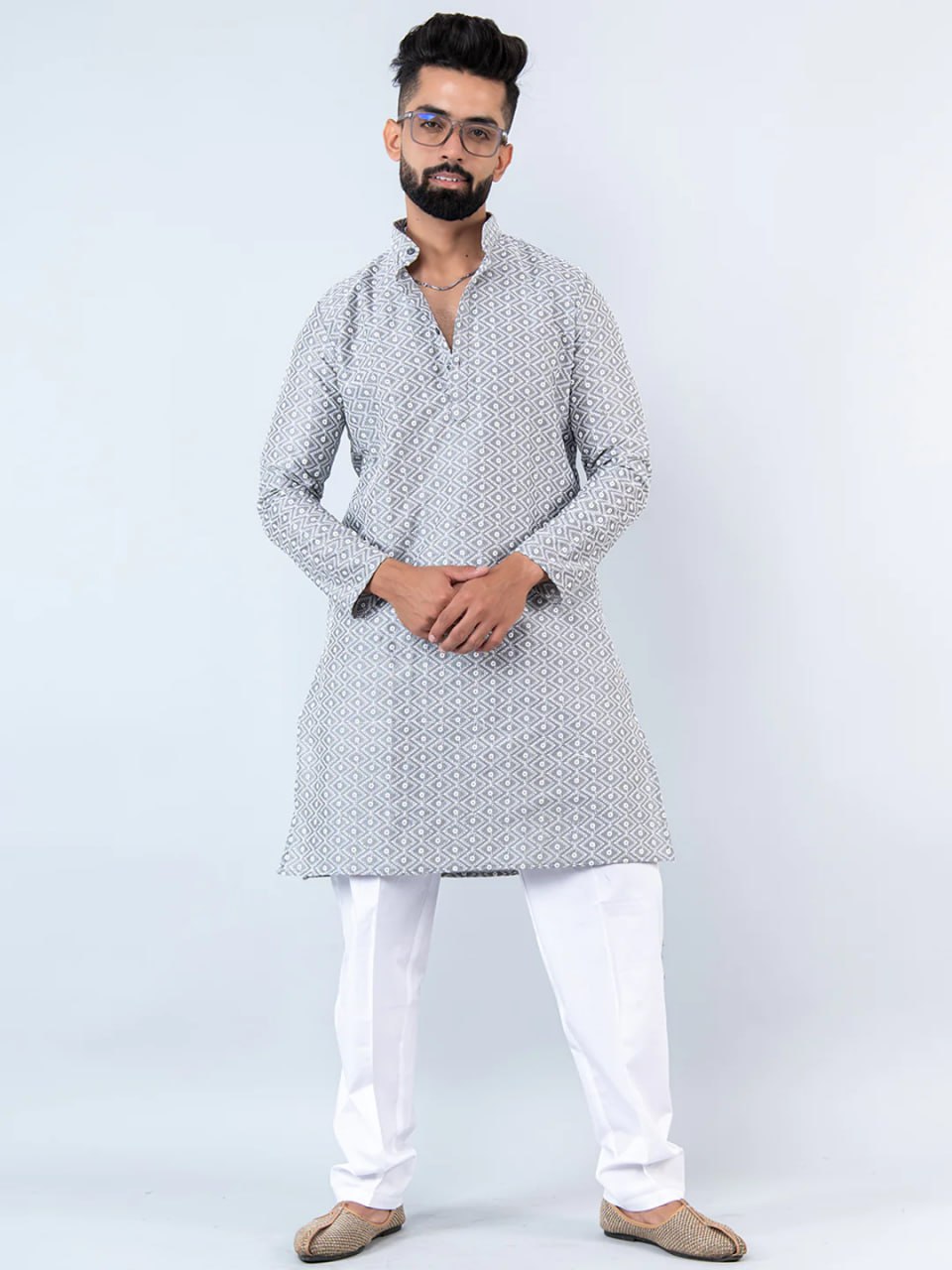 The Gray Schiffli Embroidered Work Men's Kurta with Pajama