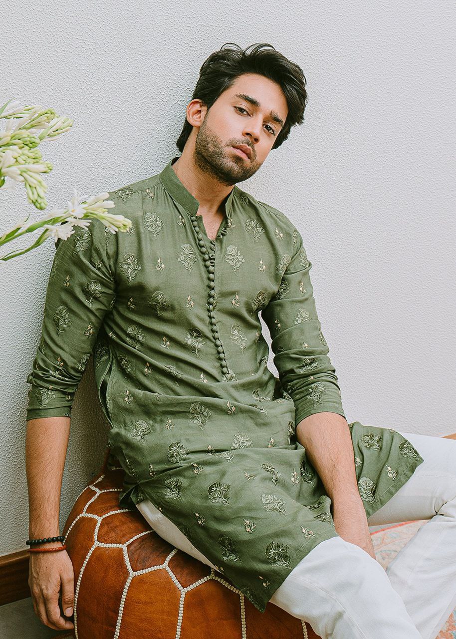 Mint Green Cl Embroidered Work Men's Kurta with Pajama