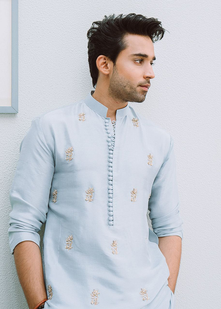 ICE Blue Buti Hand Embroidered Work Men's Kurta with Pajama