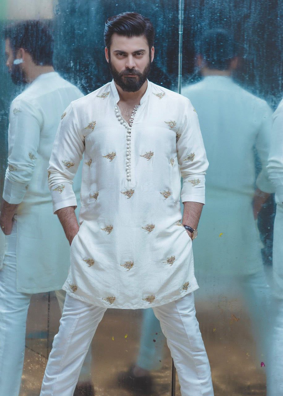 Stylish White Embroidered Work Men's Kurta with Pajama