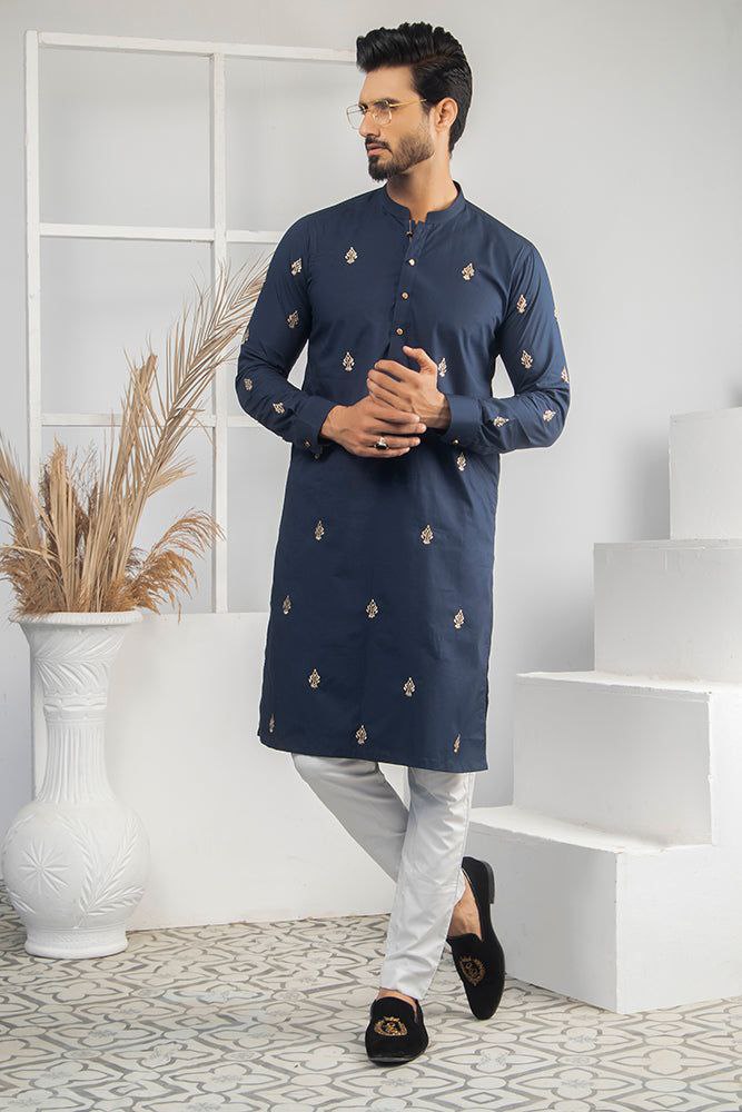 Navy Blue Embroidered Work Men's Kurta with Pajama