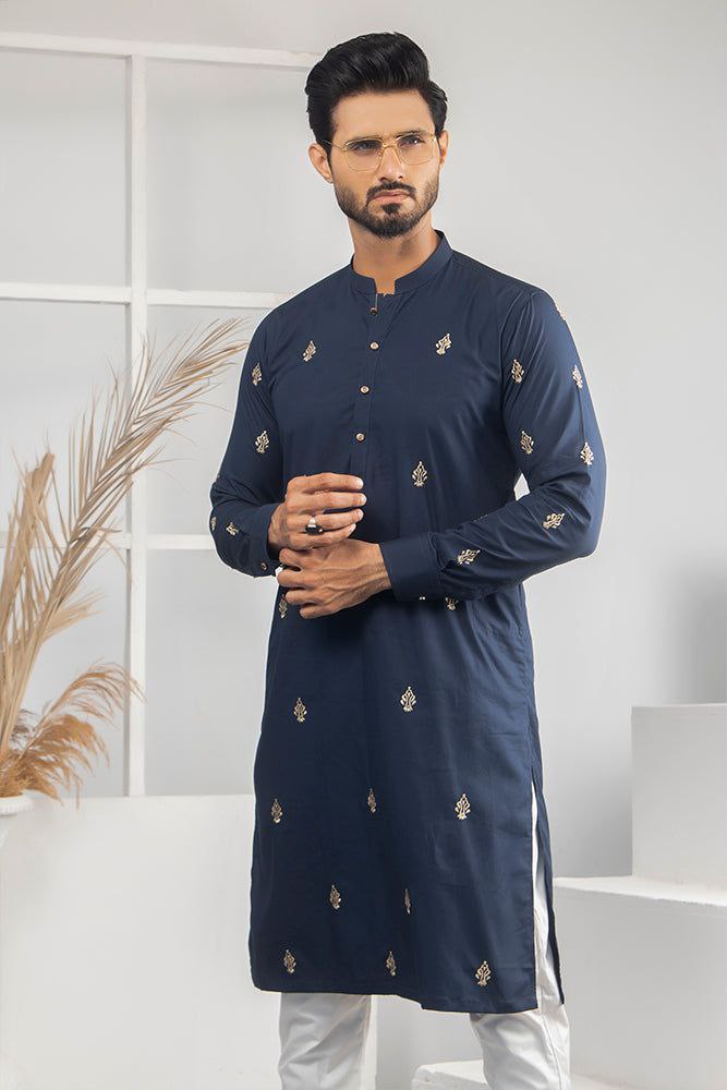 Navy Blue Embroidered Work Men's Kurta with Pajama