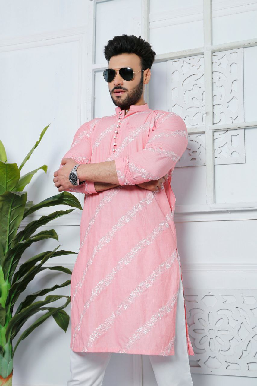 Light Pink Embroidered Work Men's Kurta with Pajama