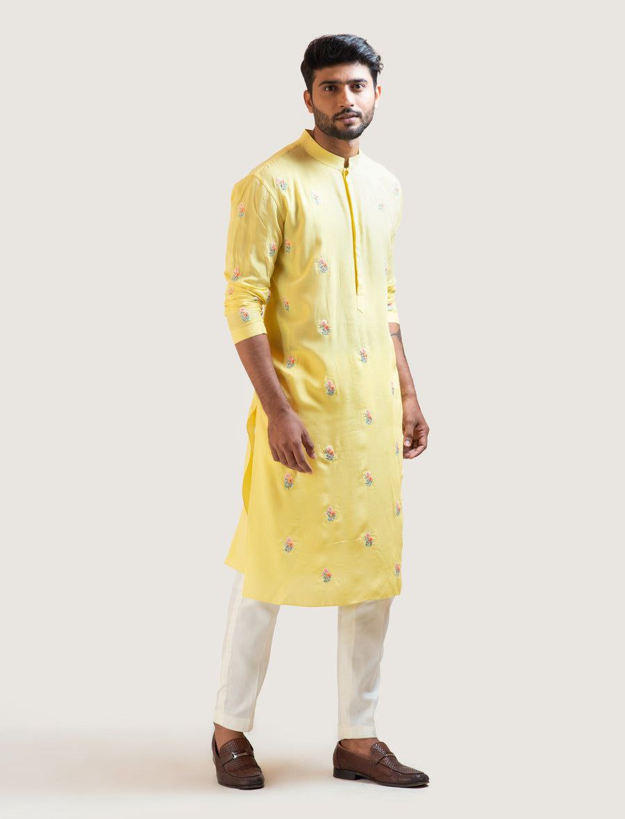 Yellow Floral Embroidered Work Men's Kurta with Pajama