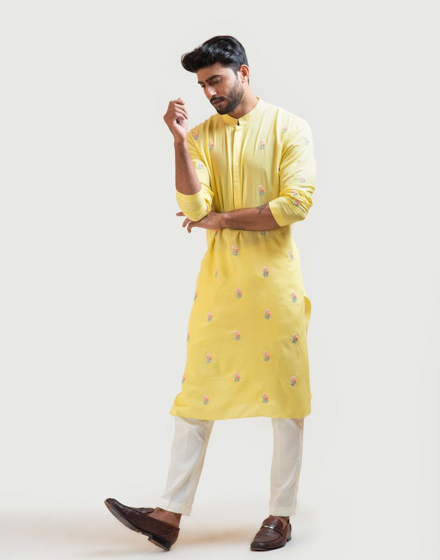 Yellow Floral Embroidered Work Men's Kurta with Pajama