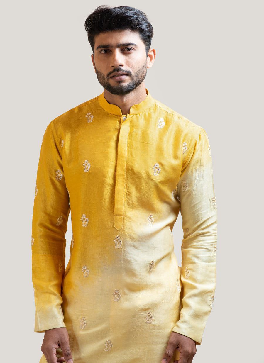 Yellow Shaded Embroidered Work Men's Kurta with Pajama