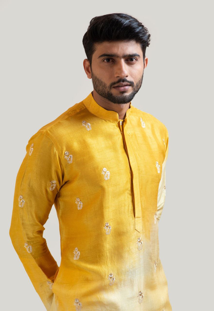 Yellow Shaded Embroidered Work Men's Kurta with Pajama