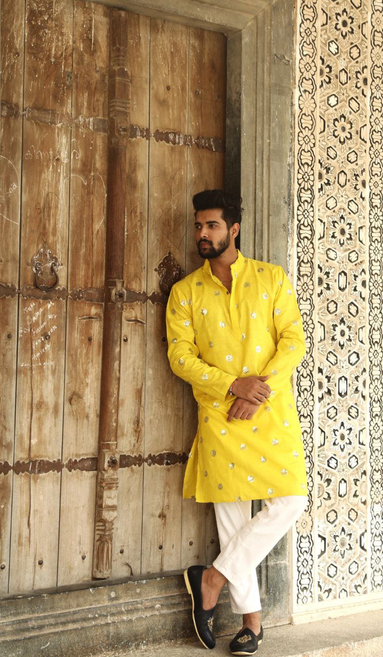 Yellow Sequence Embroidered Work Men's Kurta with Pajama