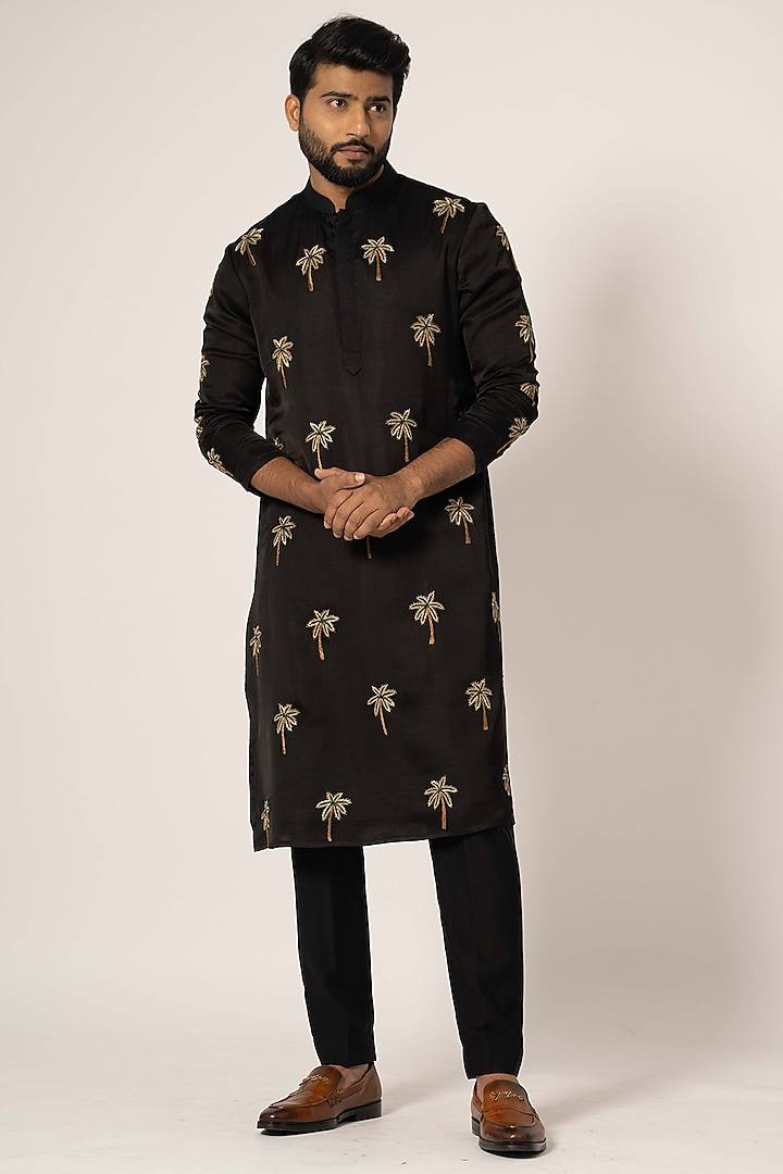 Black Coconut Tree Embroidered Work Men's Kurta with Pajama