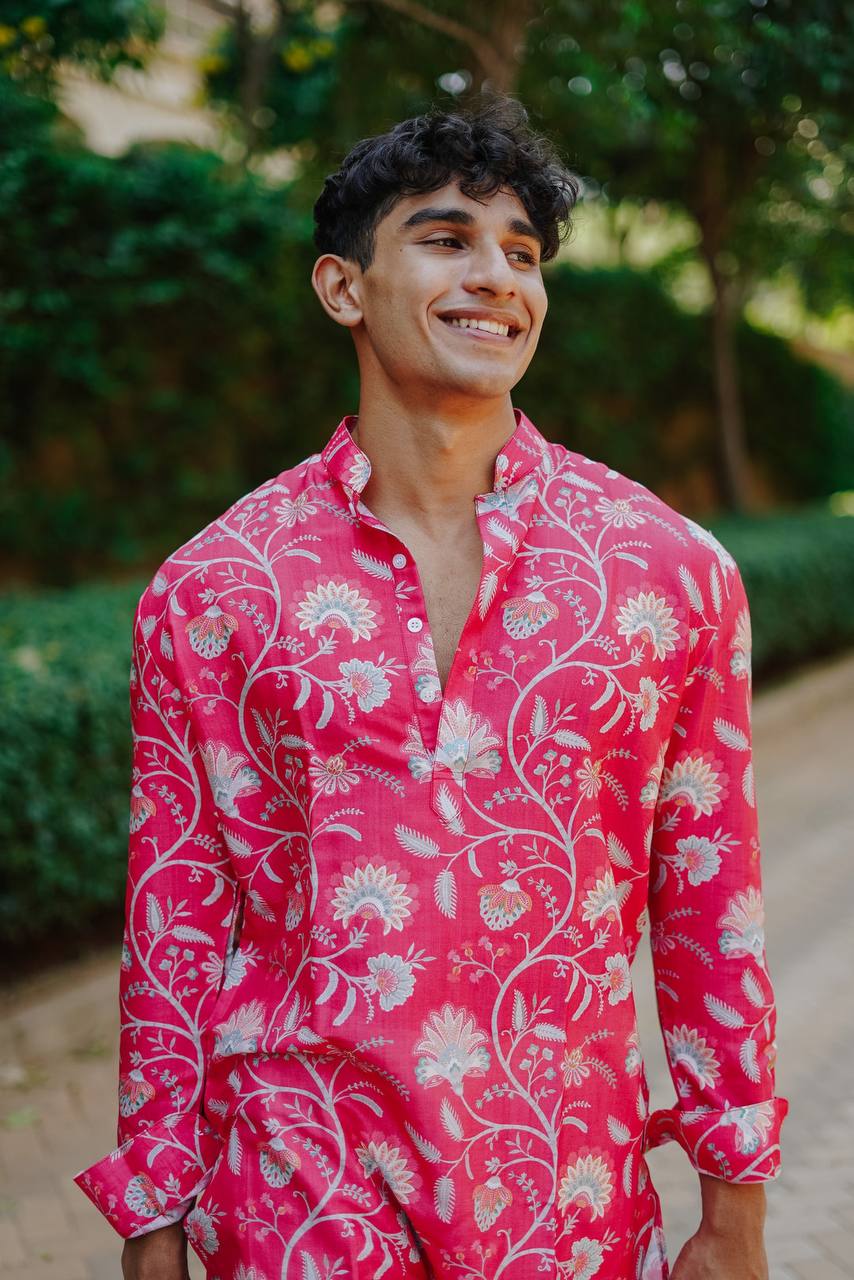 JEWELLED PRINTED KURTA WITH PAJAMA SET FOR MEN