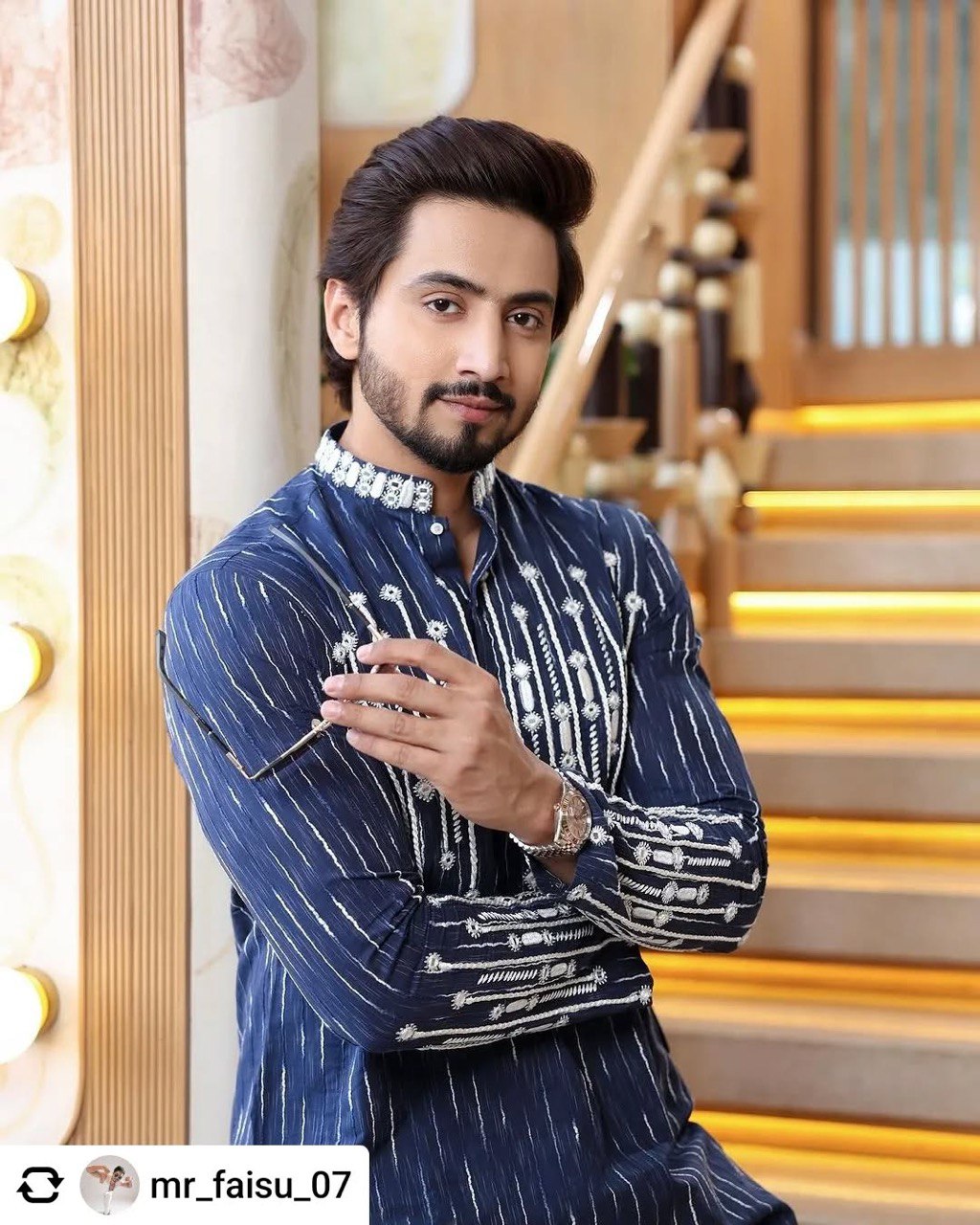 Faisu Blue White Print and Mirror Embroidered Work Kurta with Pajama