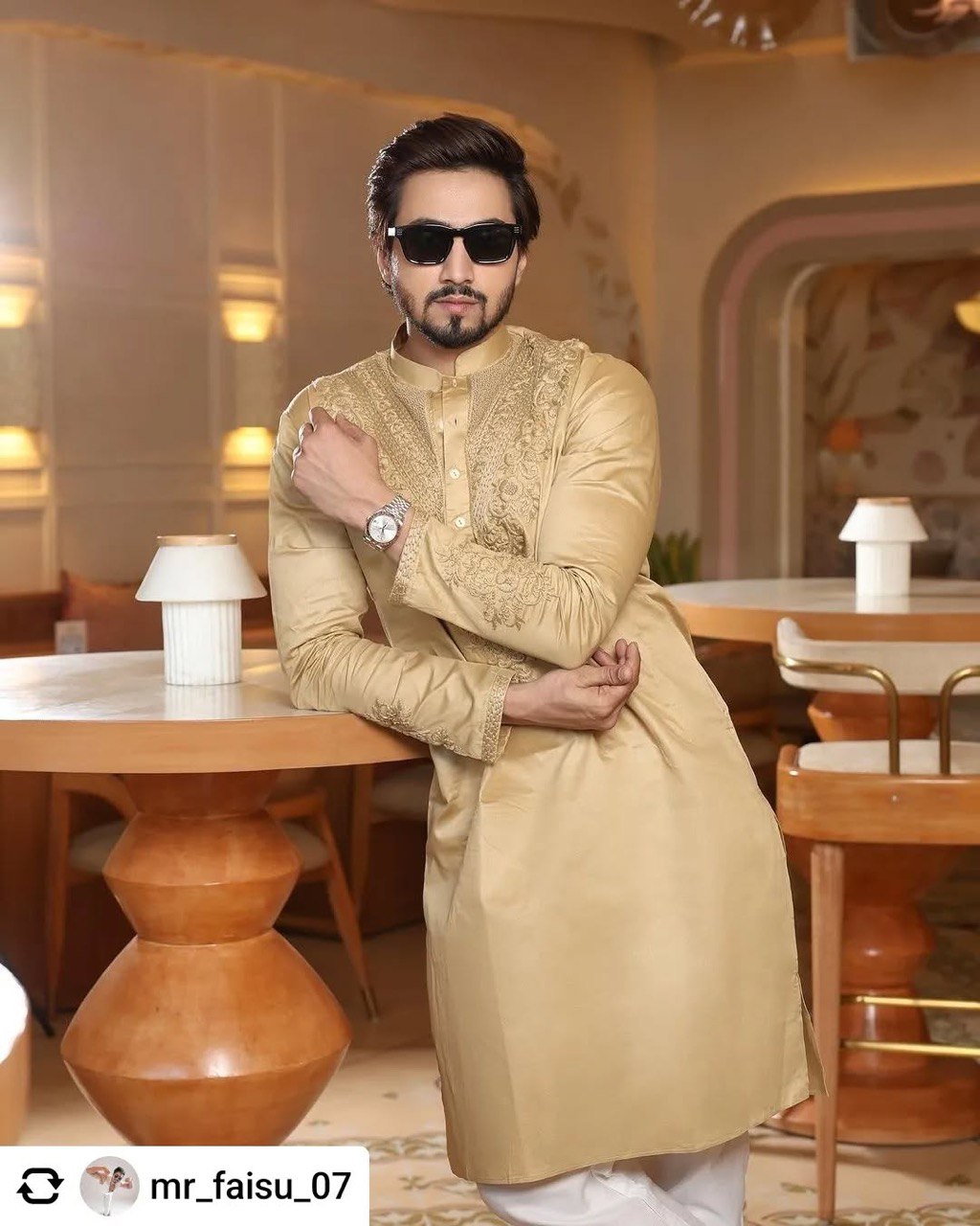 Beige Neck Cotton Embroidered Work Men's Kurta with Pajama