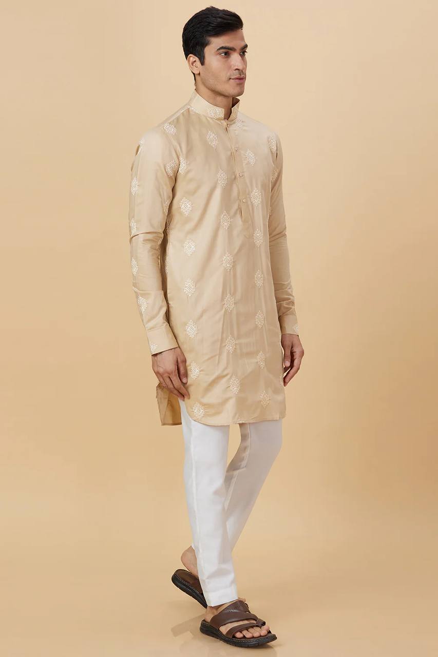 Beige Motif Embroidered Work Men's Kurta with Pajama