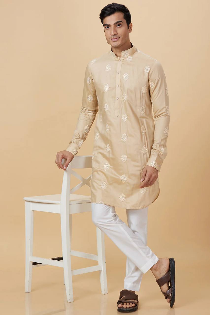 Beige Motif Embroidered Work Men's Kurta with Pajama