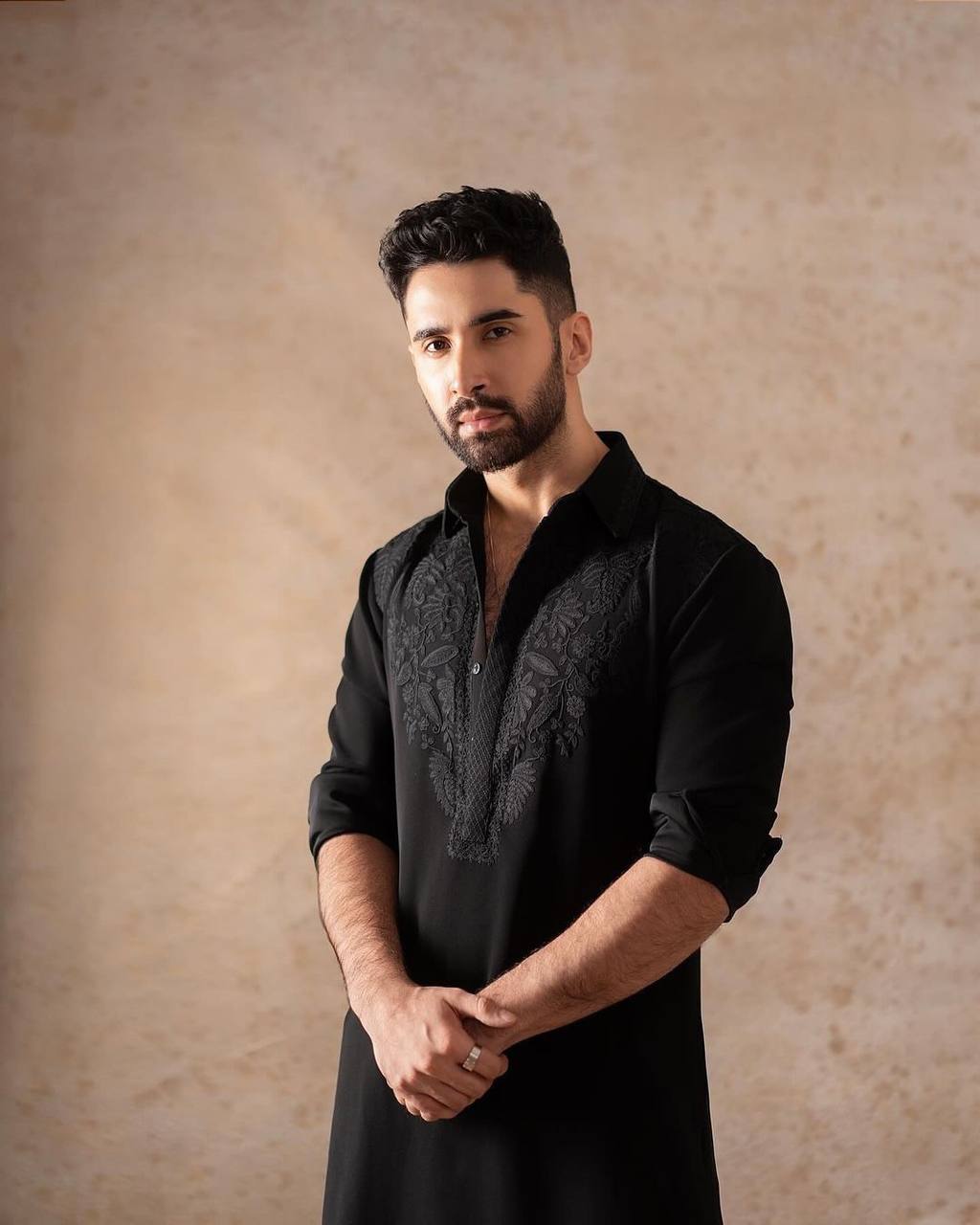 BLACK  EMBROIDERED WORK KURTA PAJAMA SET