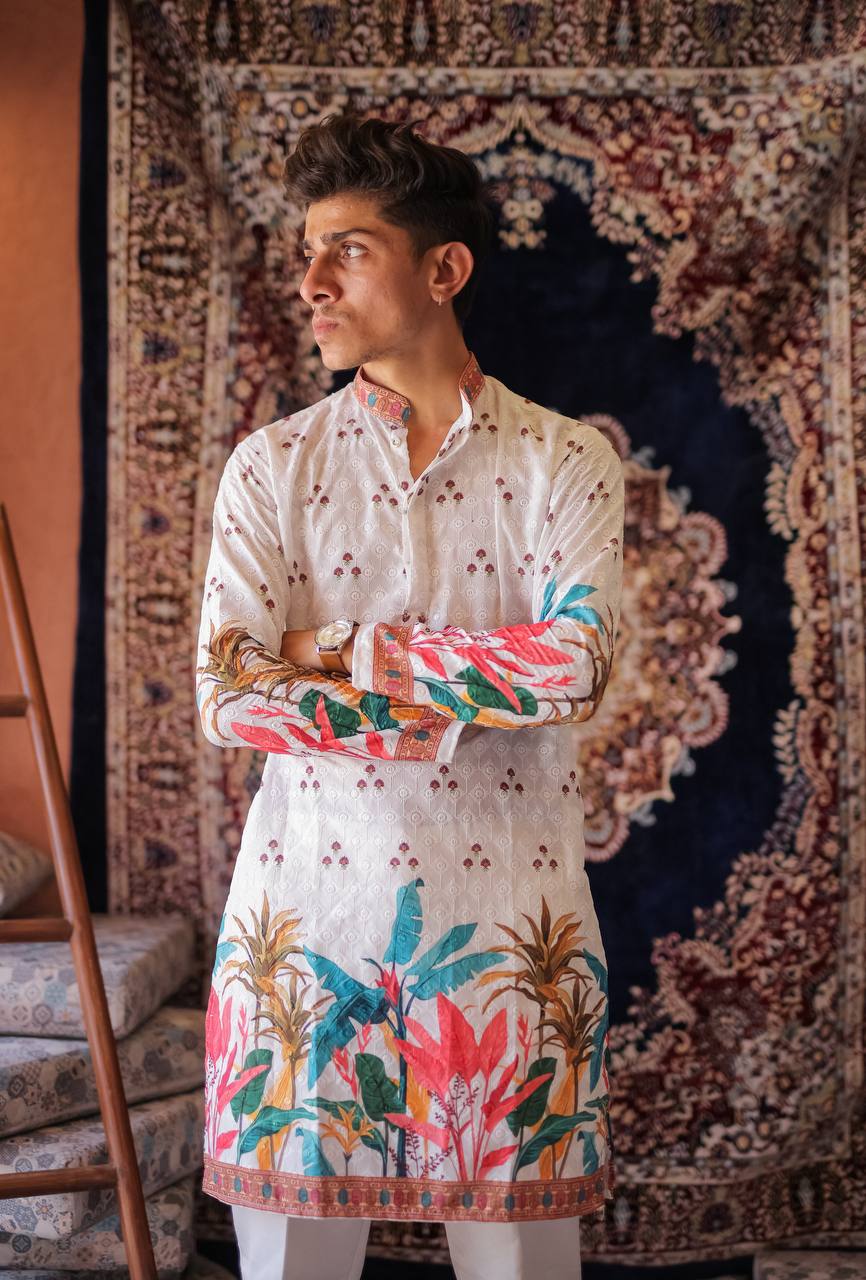 WHITE SCHIFFLI LEAF PRINTRD KURTA WITH PAJAMA