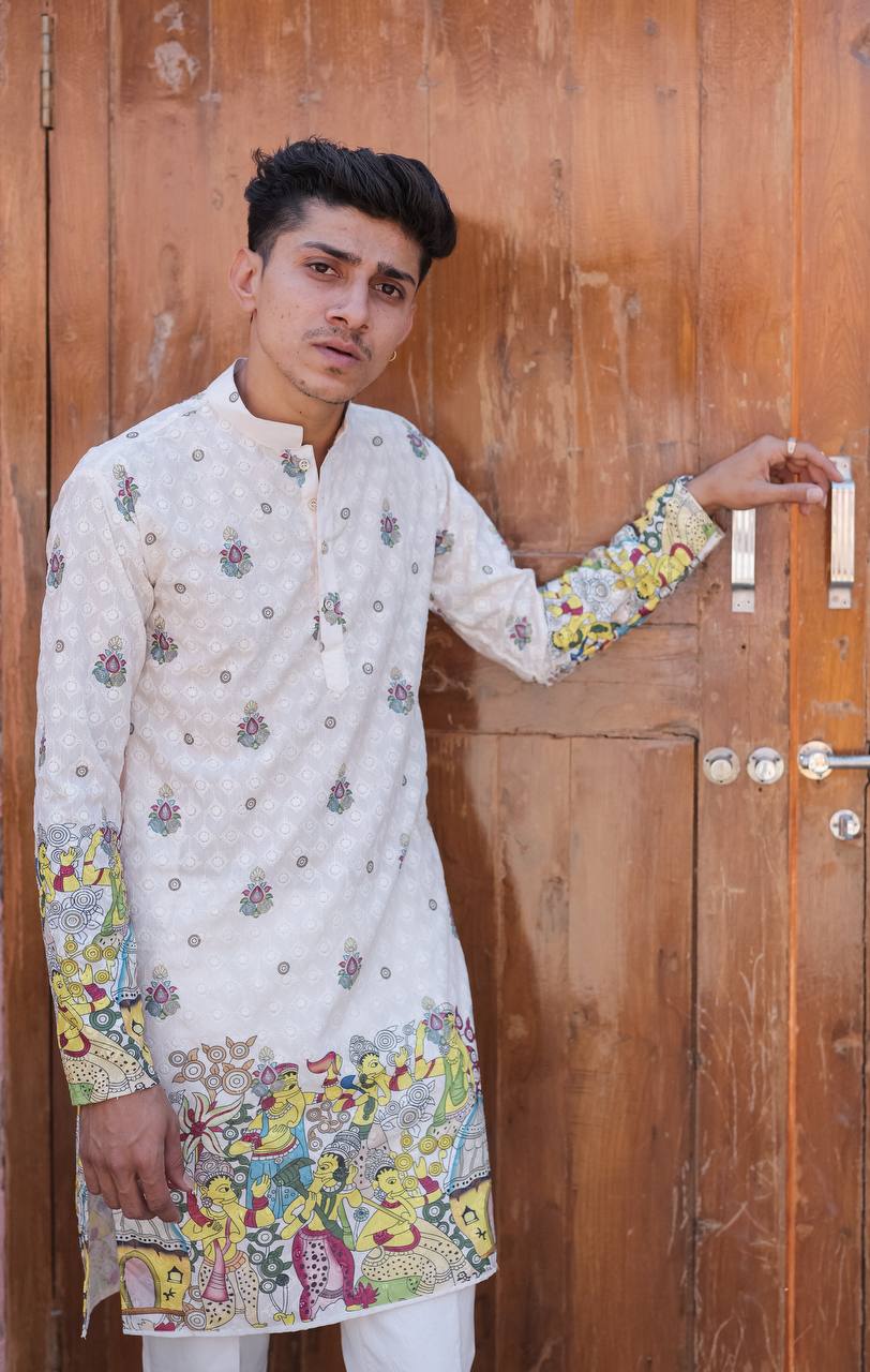CREAM SCHIFFLI  VIRAASAT PRINTRD KURTA WITH PAJAMA