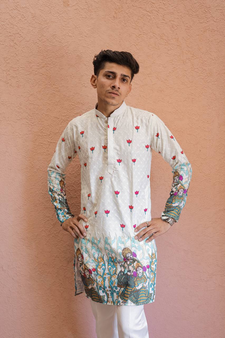 OFF WHITH SCHIFFLI RADHA KRISHNA PRINTRD KURTA WITH PAJAMA