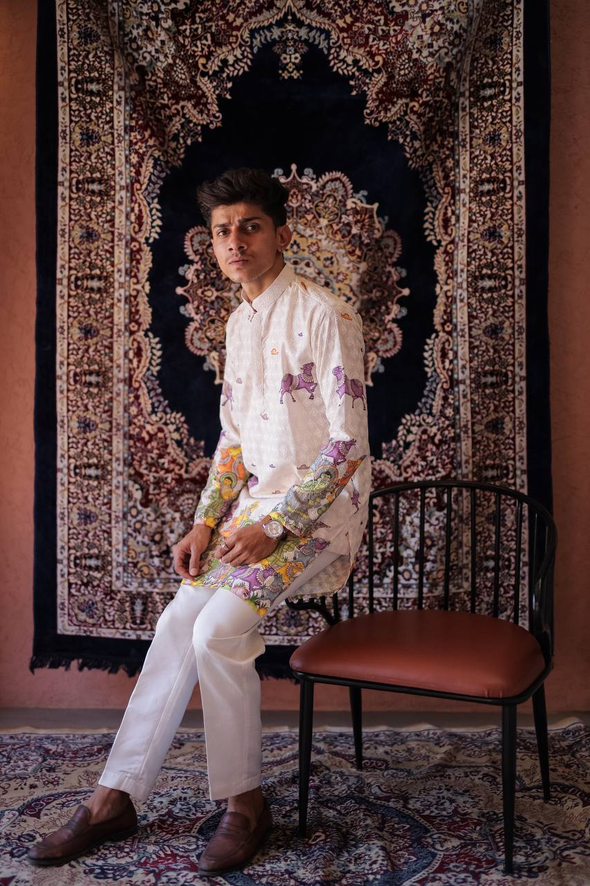 CREAM SCHIFFLI COW MOTIF PRINTRD KURTA WITH PAJAMA