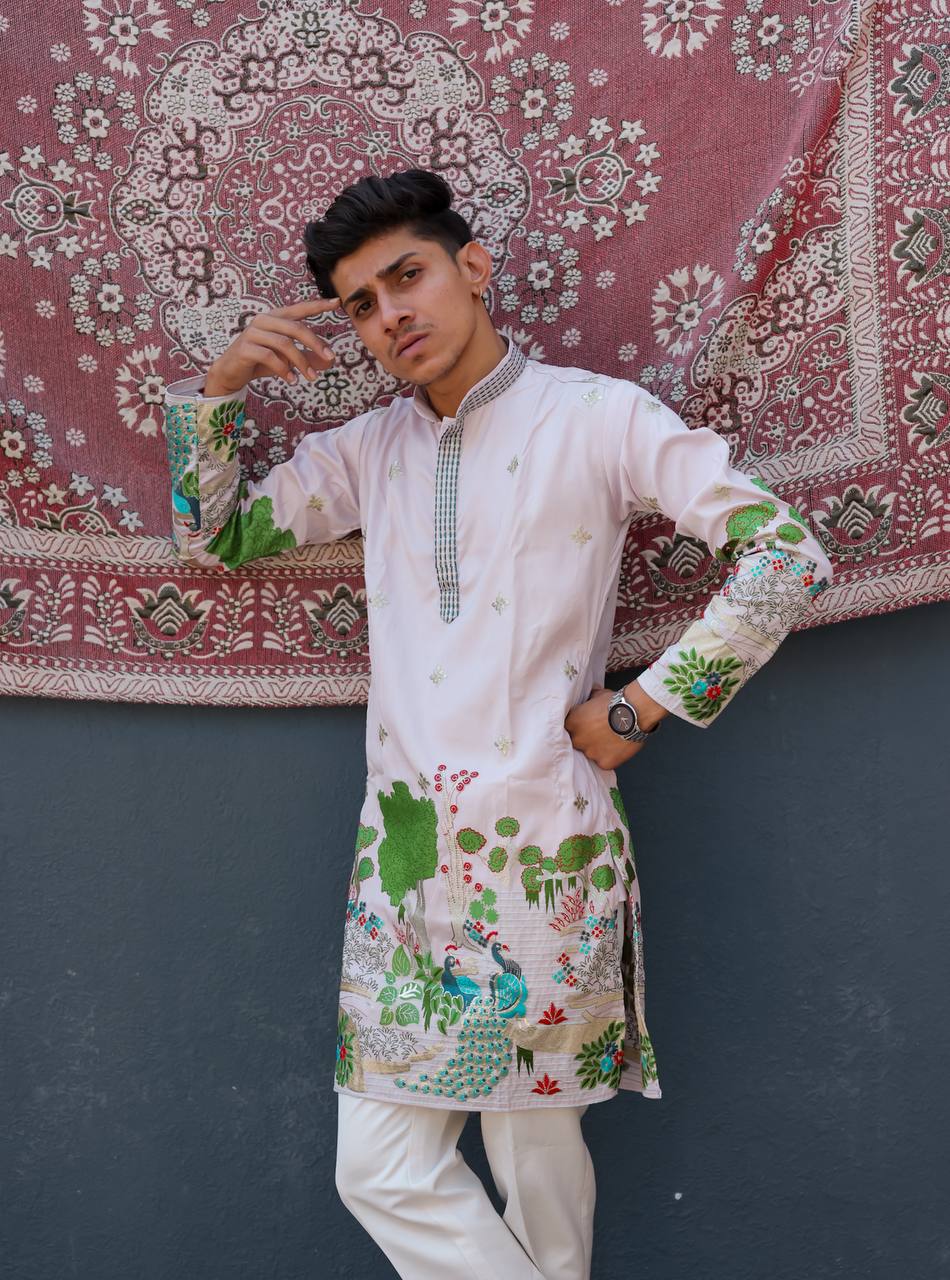 LIGHT PURPLE HEAVY PEACOCK EMBROIDERED KURTA WITH PAJAMA