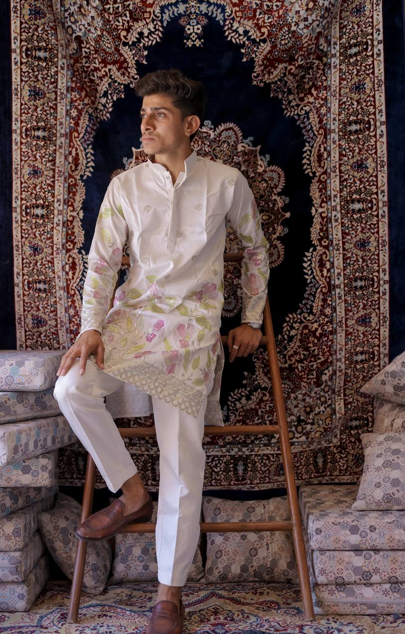 OFF WHITH HEAVY FLORAL SEQUENCE EMBROIDERED KURTA WITH PAJAMA
