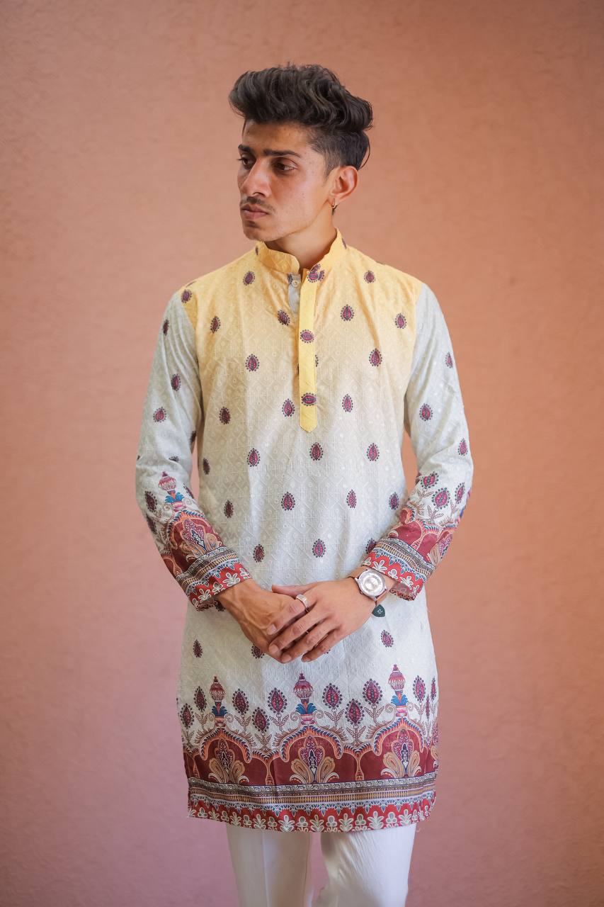 SHADED YELLOW SCHIFFLI DAMAN MOTIF PRINTRD KURTA WITH PAJAMA