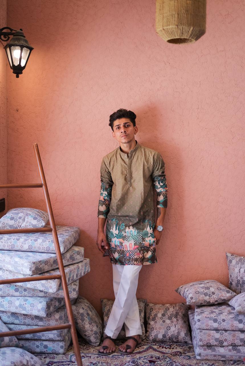MEHNDI LIGHT DARK SCHIFFLI MAHEL PRINTRD KURTA WITH PAJAMA