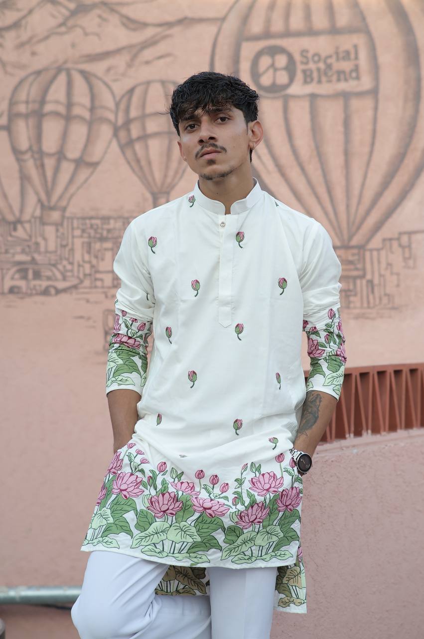 OFF WHITE LOTUS HEAVY FLORAL EMBROIDERED KURTA WITH PAJAMA