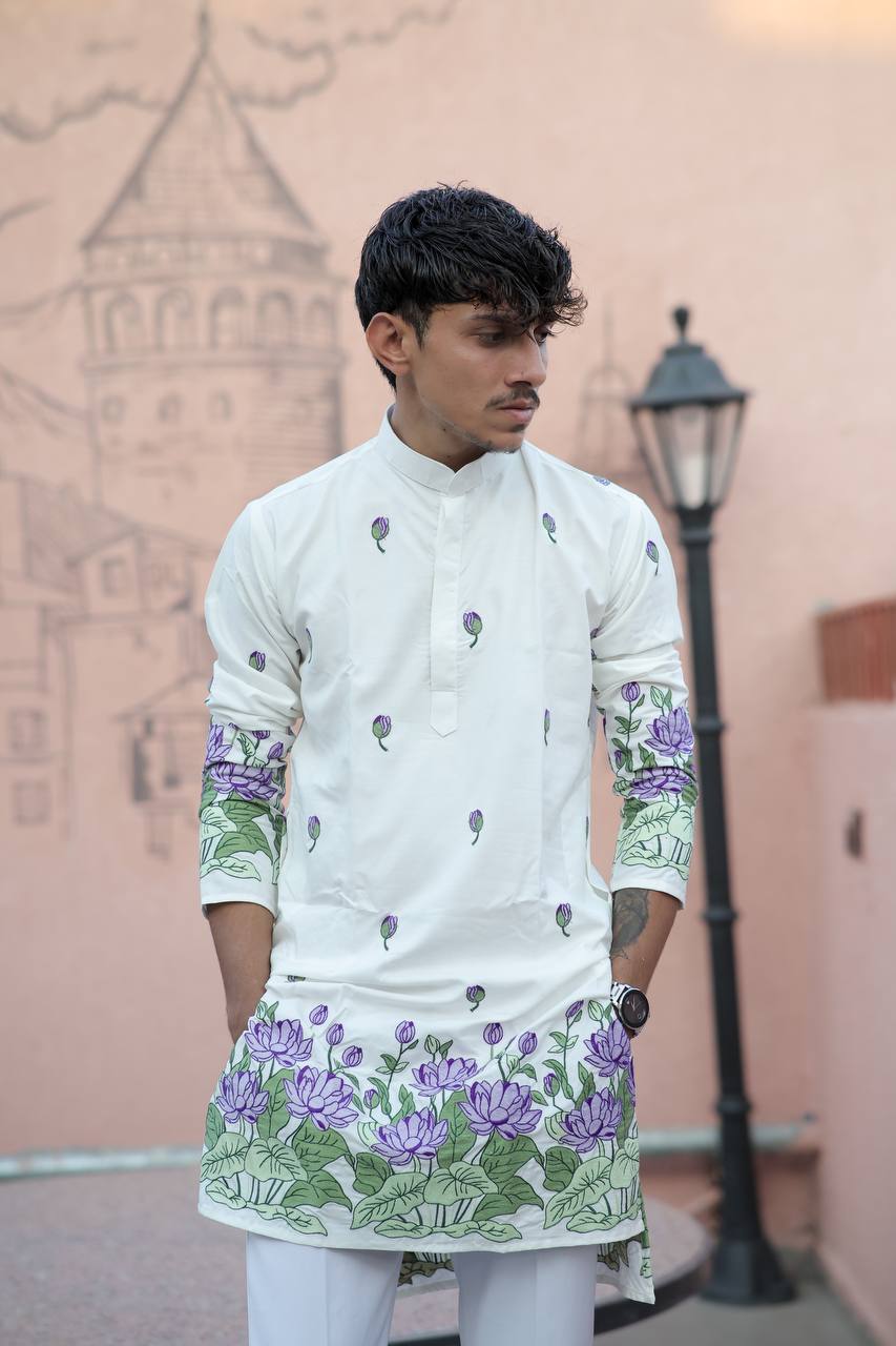 OFF WHITE  PURPLE LOTUS HEAVY FLORAL EMBROIDERED KURTA WITH PAJAMA