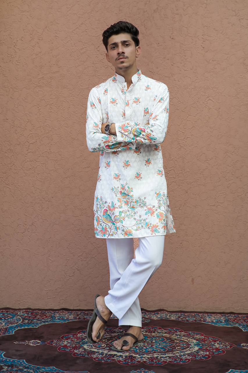 OFF WHITE BIREDS   SCHIFFLI DAMAN  PRINTRD KURTA WITH PAJAMA