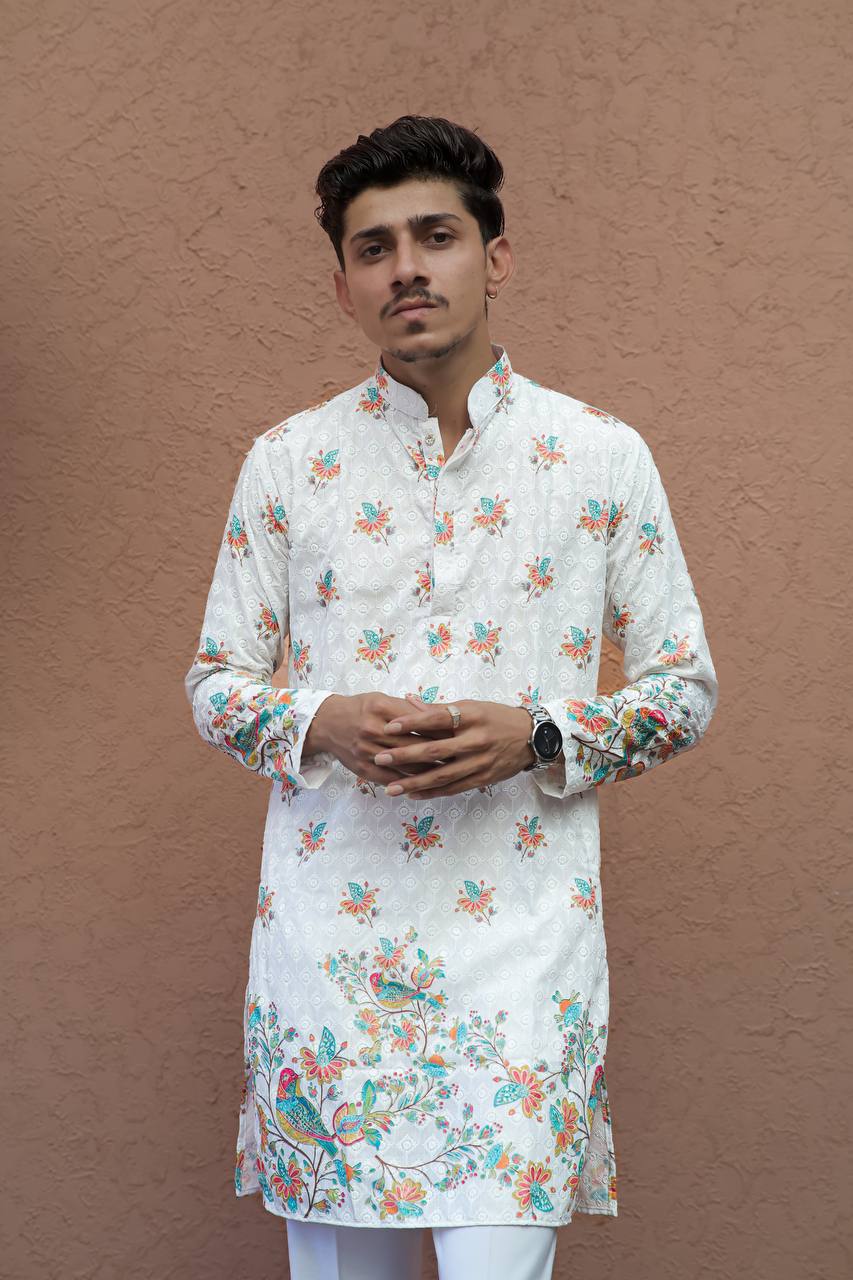 OFF WHITE BIREDS   SCHIFFLI DAMAN  PRINTRD KURTA WITH PAJAMA