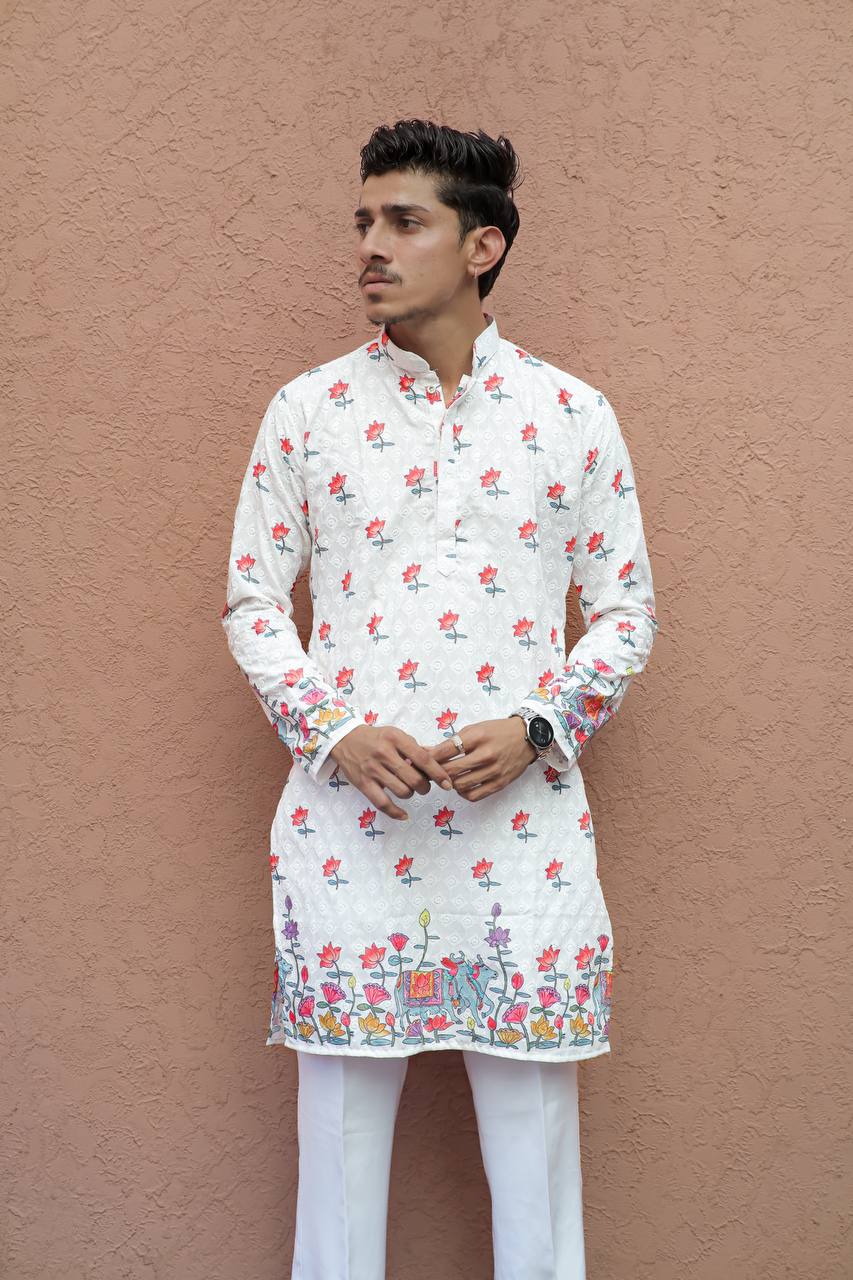 WHITE COW WITH LOTUS SCHIFFLI DAMAN PRINTRD KURTA WITH PAJAMA SET