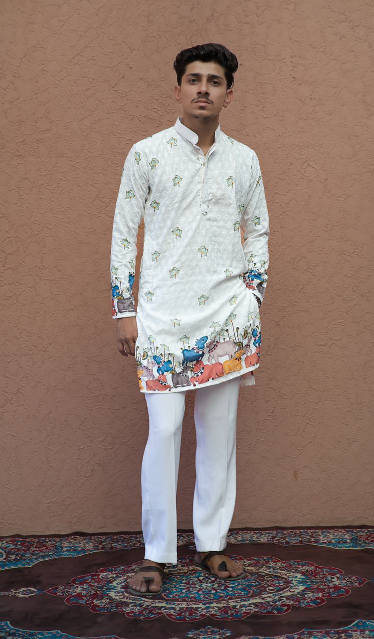 CREAM SCHIFFLI  MULTI COW PRINTRD KURTA WITH PAJAMA