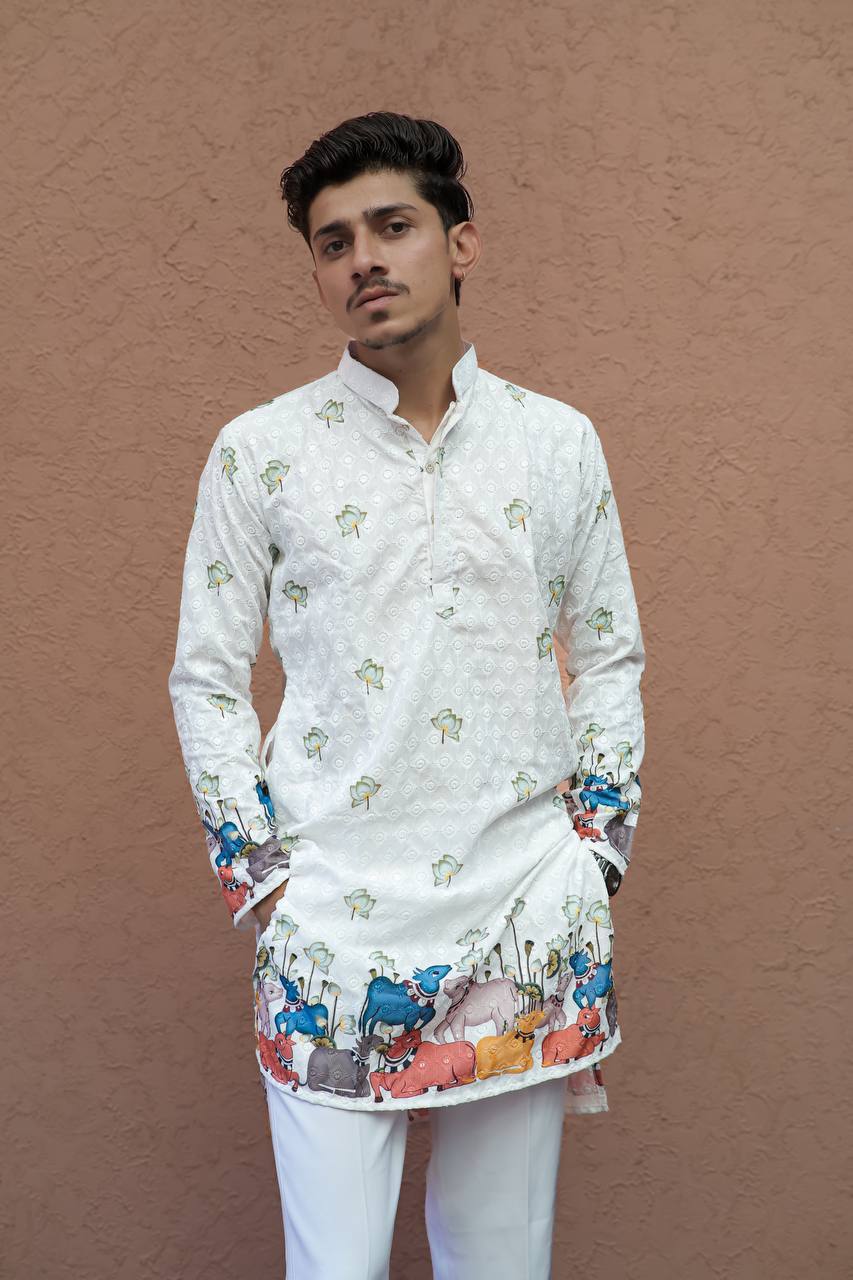 CREAM SCHIFFLI  MULTI COW PRINTRD KURTA WITH PAJAMA