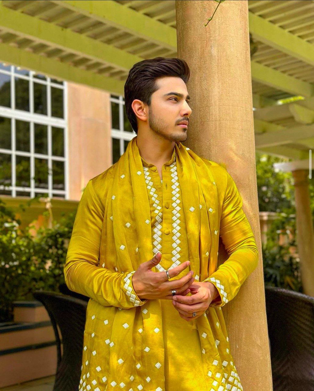 YELLOW MUSTARD EMBROIDERED WORK KURTA PAJAMA AND DUPATTA SET FOR MEN'S