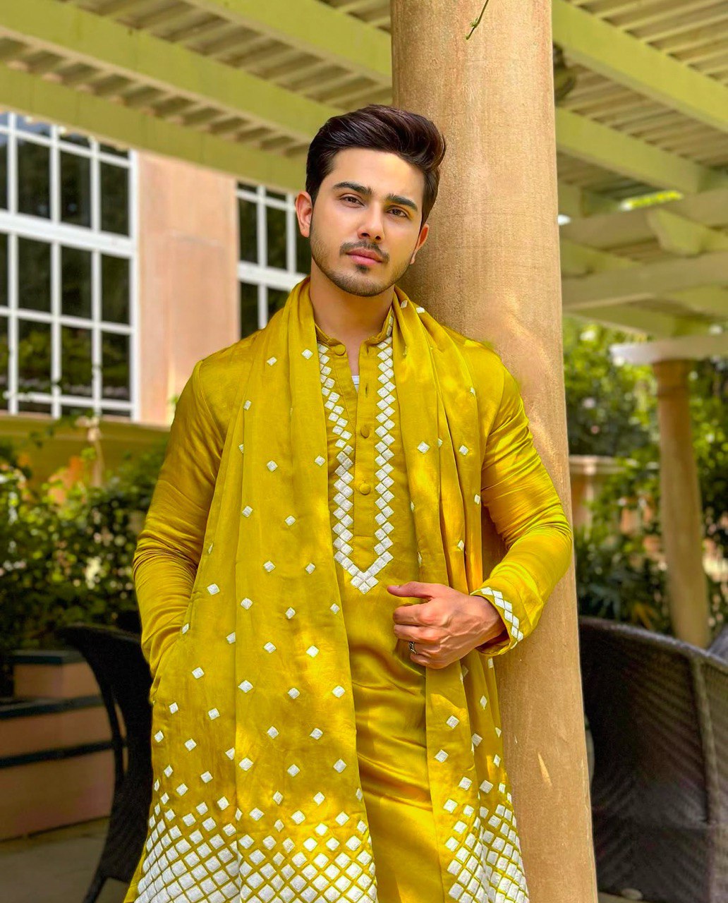YELLOW MUSTARD EMBROIDERED WORK KURTA PAJAMA AND DUPATTA SET FOR MEN'S