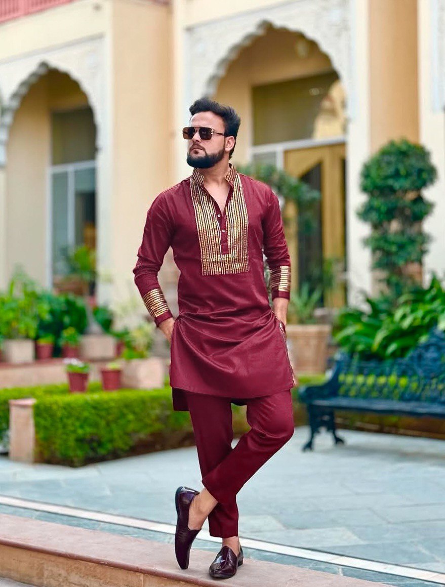 MARRON NECK EMBROIDERED WORK KURTA PAJAMA SET FOR MEN'S