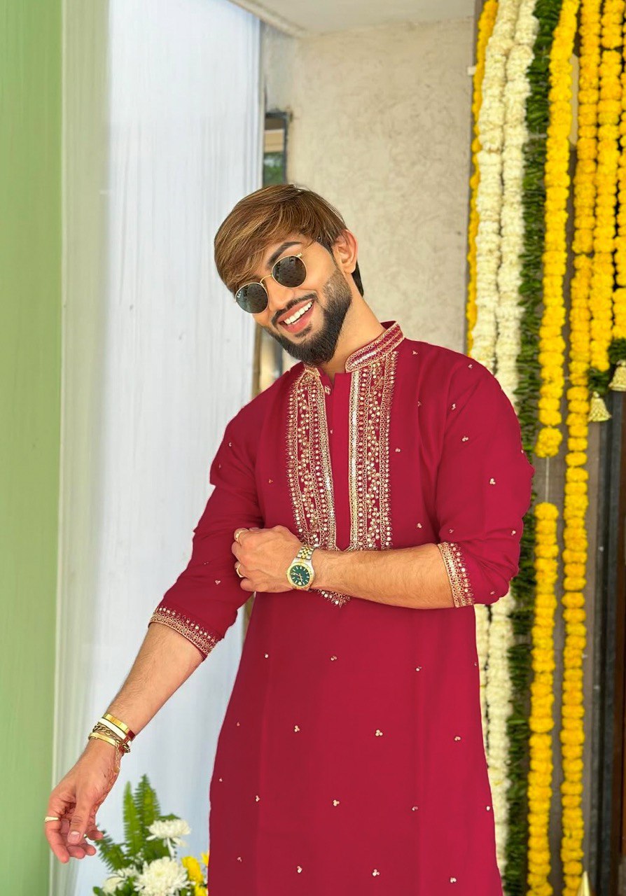 MARRON NECK SEQUENCE EMBROIDERED WORK KURTA PAJAMA SET FOR MEN'S