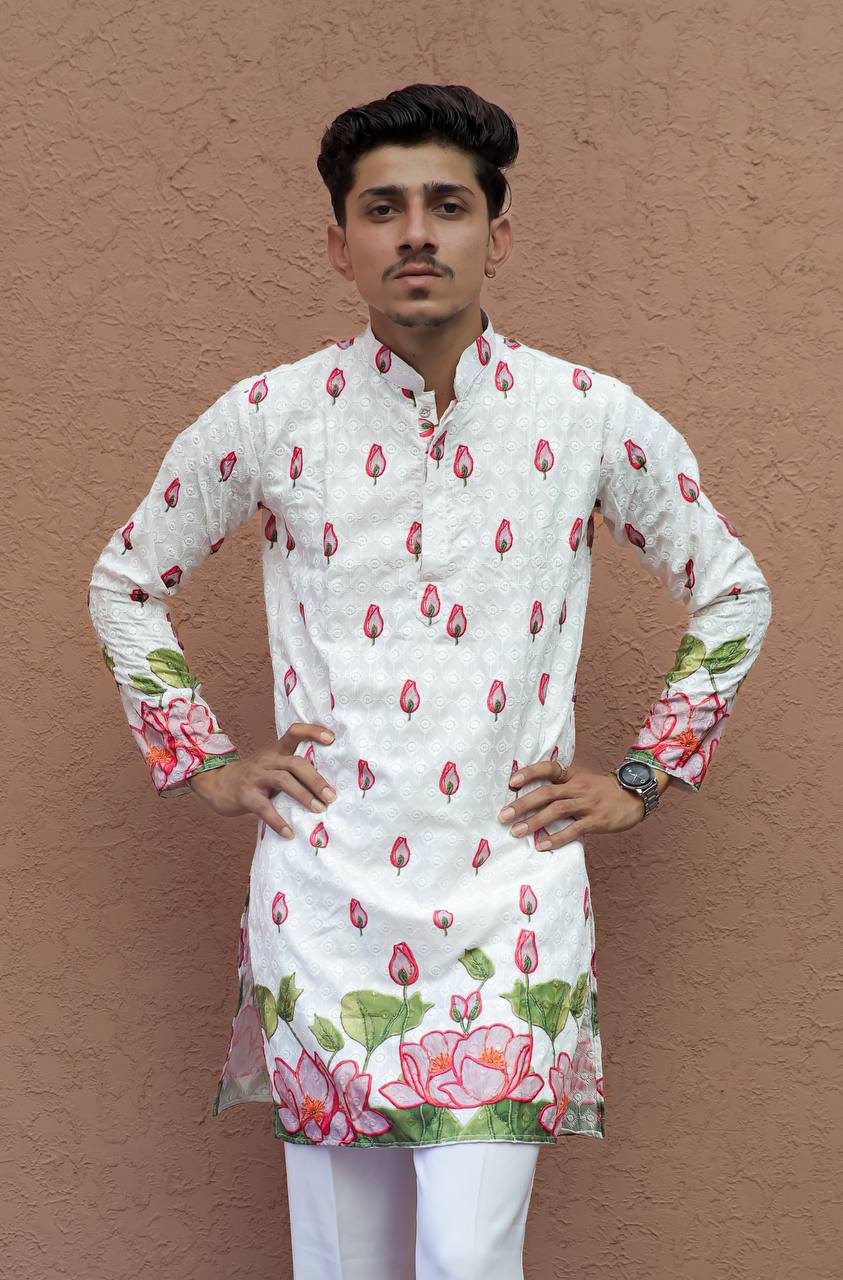 PINK LOTUS SCHIFFLI DAMAN PRINTRD KURTA WITH PAJAMA