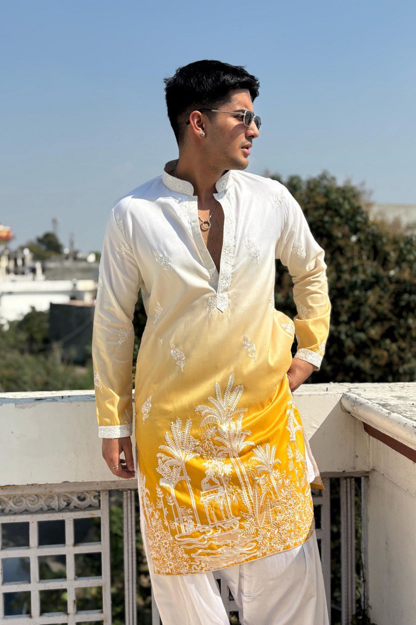 YELLOW & WHITE OMBRE EMBROIDERED WORK KURTA PAJAMA SET FOR MEN'S