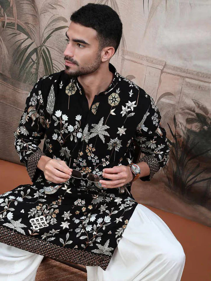 MEN'S EMBROIDERED BLACK KURTA PANT SET